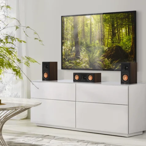 RP-500C-II-sitting-on-a-grey-white-credenza-under-a-TV
