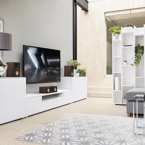 RP-500C-II-sitting-on-a-white-credenza-under-a-TV-in-front-of-a-rug